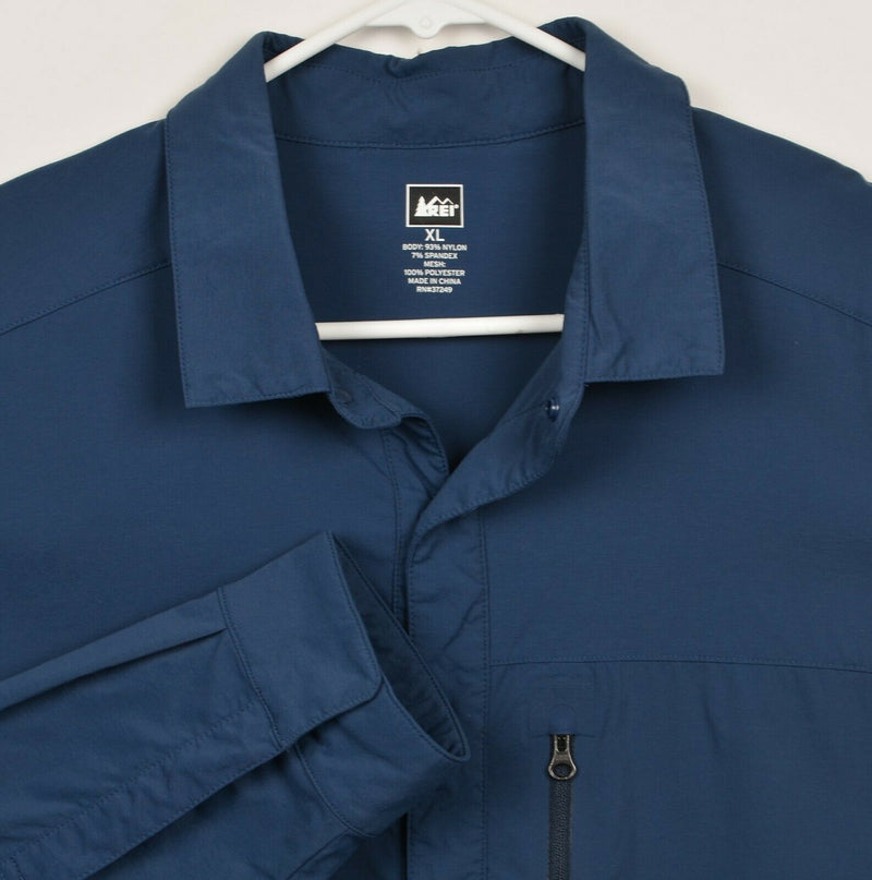 REI Men's Sz XL Vented Snap-Front Navy Blue Travel Hiking Long Sleeve Shirt