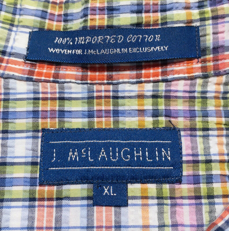 J. McLaughlin Men XL Seersucker Multi-Color Check Orange Pink Button-Down Shirt