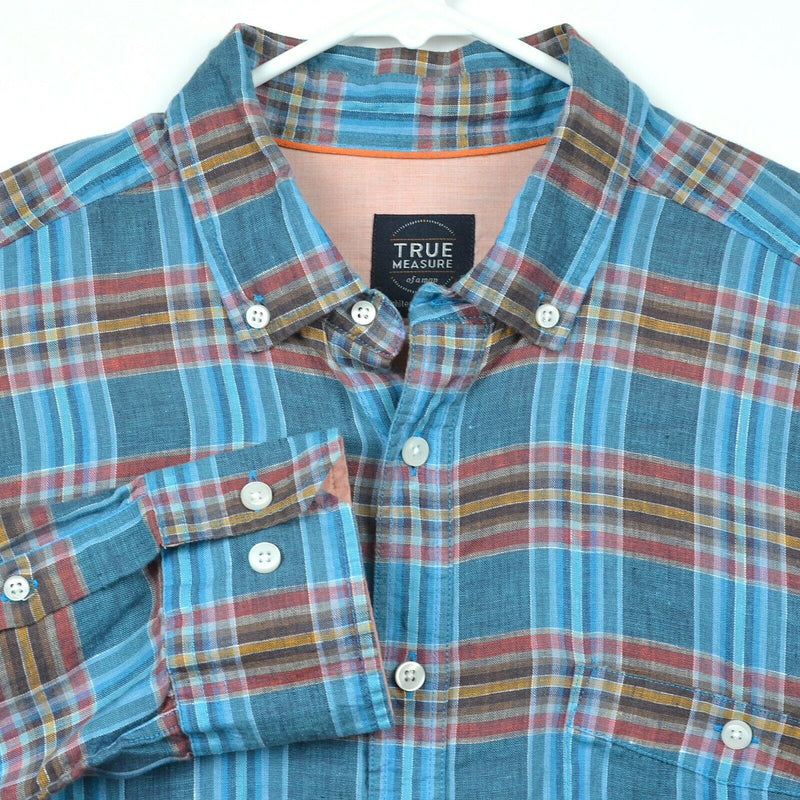 True Measure JL Powell Men's Sz Large 100% Linen Blue Plaid Button-Down Shirt
