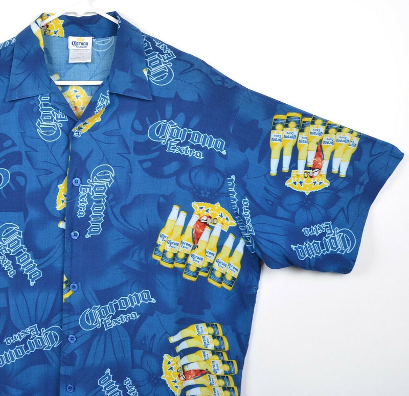 Corona Extra Men's Sz XL 100% Rayon Blue Floral Beer Promo Crown Hawaiian Shirt