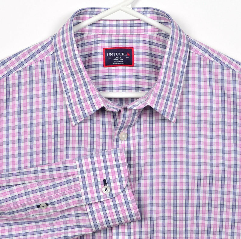 UNTUCKit Men's Large Wrinkle Free Pink Blue Plaid Check Button-Front Shirt