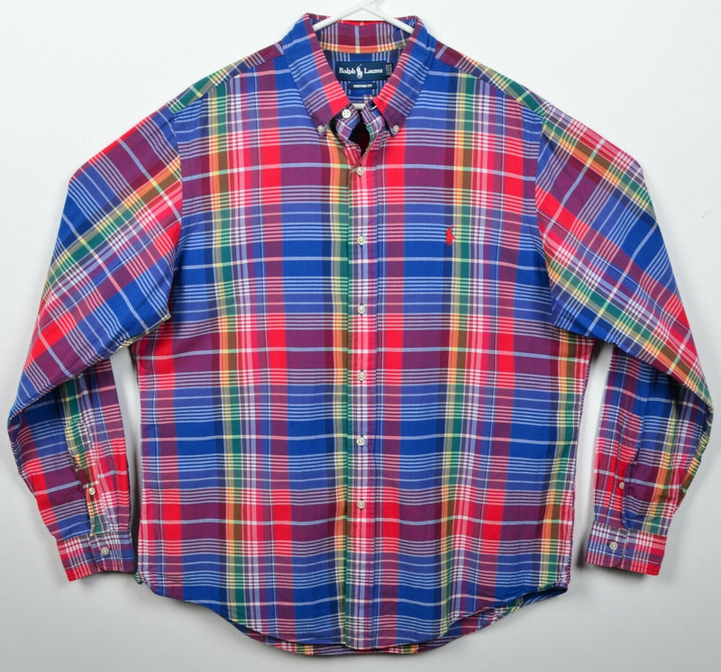 Polo Ralph Lauren Men XL Indian Madras Blue Red Colorful Plaid Button-Down Shirt