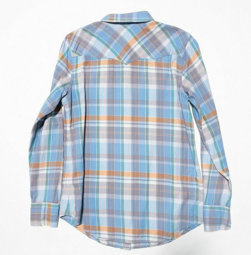 Lauren Ralph Lauren Shirt Women Medium Pearl Snap Blue Orange Plaid Long Sleeve