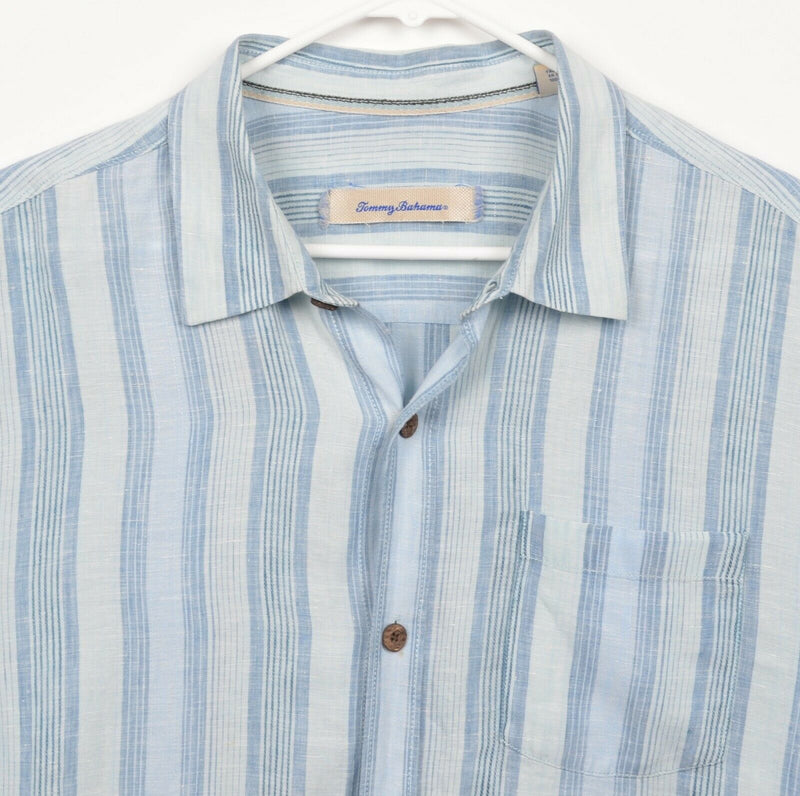 Tommy Bahama Men's Sz XL 100% Linen Blue Striped Resort Hawaiian Shirt