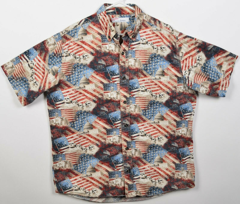 American Summer Men's Large USA Flag Mt Rushmore Patriotic Button-Front Shirt