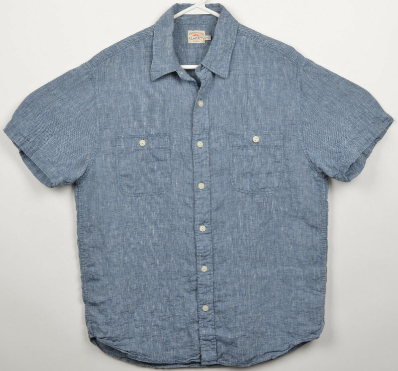 Faherty Brand Men's Medium 100% Linen Blue Woven Short Sleeve Button-Front Shirt
