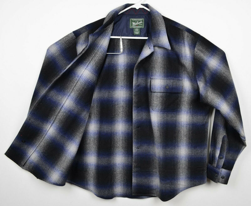 Woolrich Men's XL 100% Wool Navy Blue Black Plaid Flannel Bering Shirt