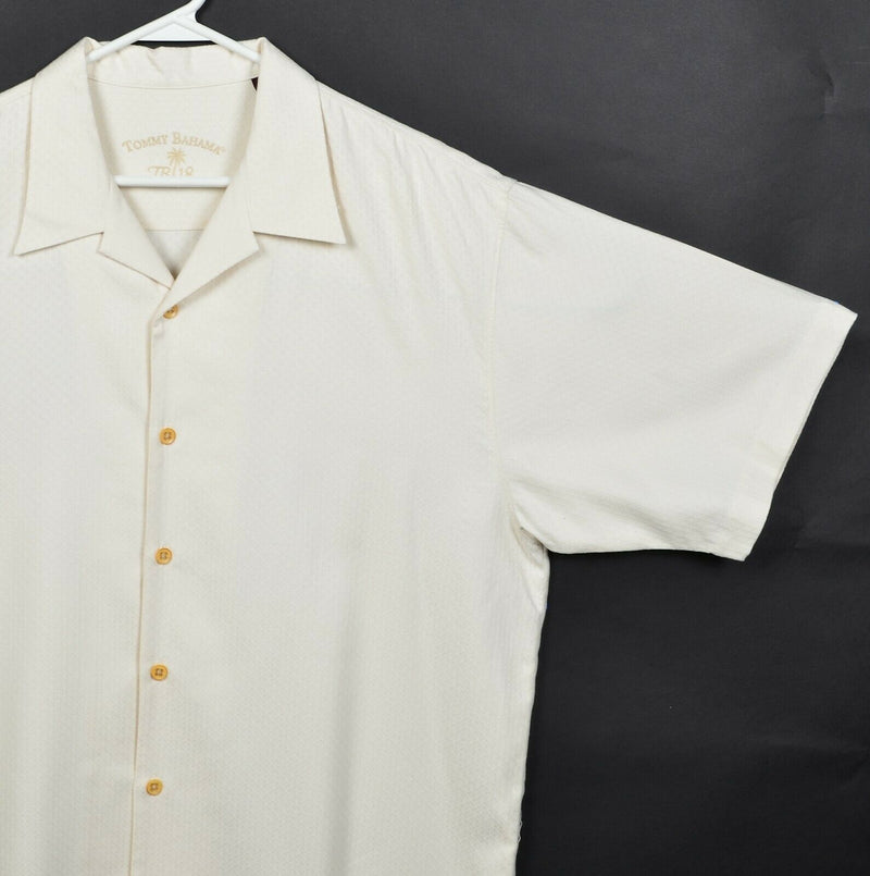 Tommy Bahama Men Large Silk Slice of Life Embroidered Golf Ivory Hawaiian Shirt