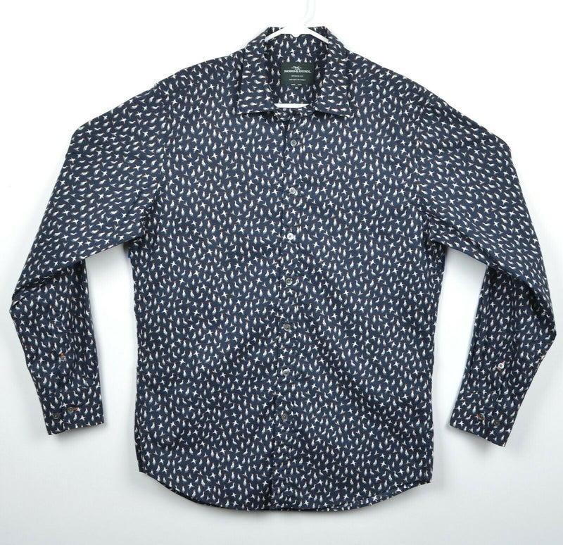 Rodd & Gunn Men's Sz Medium Sports Fit Bird Pattern Navy Blue Button-Front Shirt