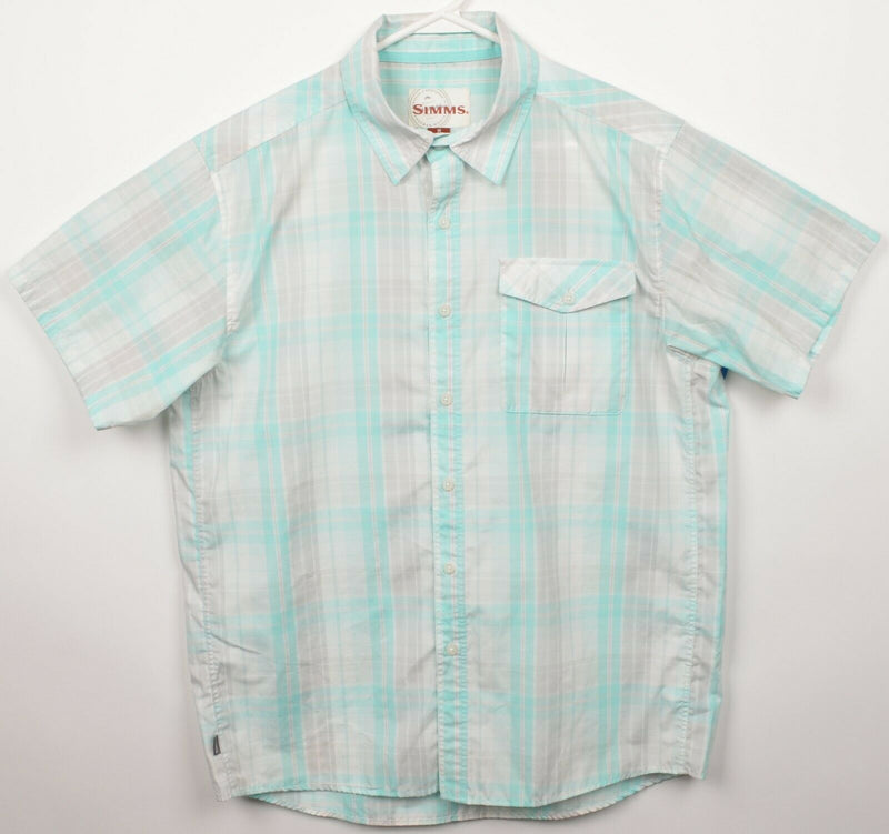 Simms Fishing Men's Medium Blue Gray Plaid Cotton Polyester Button-Front Shirt