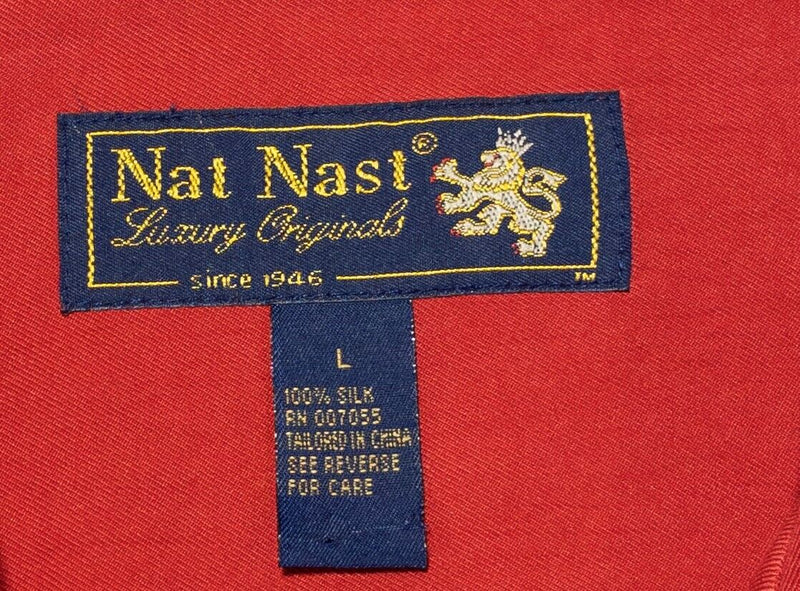 Nat Nast Silk Shirt Large Men's Solid Red Stitch Accent Hawaiian Camp Retro