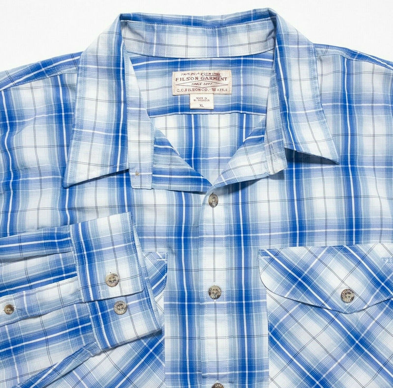 CC Filson Men's XL Blue Plaid Polyester Nylon Blend Fishing Travel Outdoor Shirt