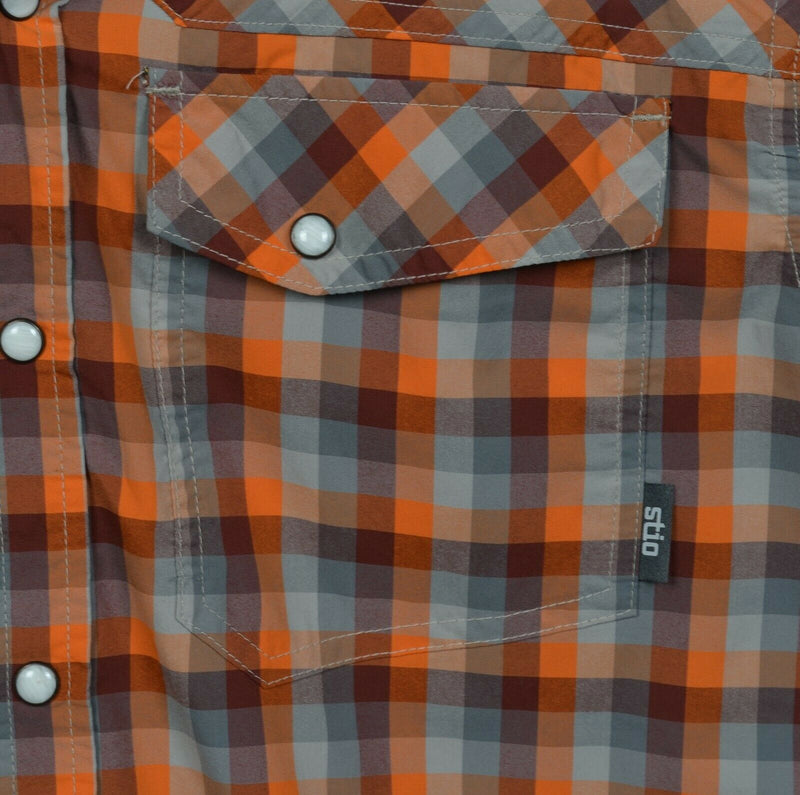 Stio Men's Small Pearl Snap Orange Gray Check Nylon Wicking Western Shirt