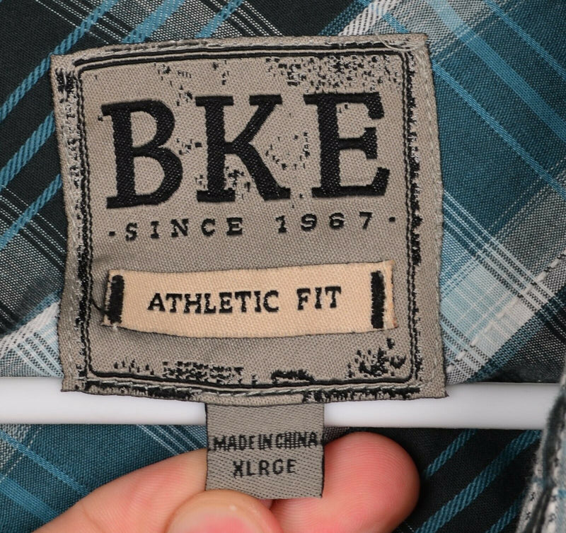 BKE Buckle Men's Sz XL Athletic Fit Pearl Snap Teal Blue Plaid Rockabilly Shirt