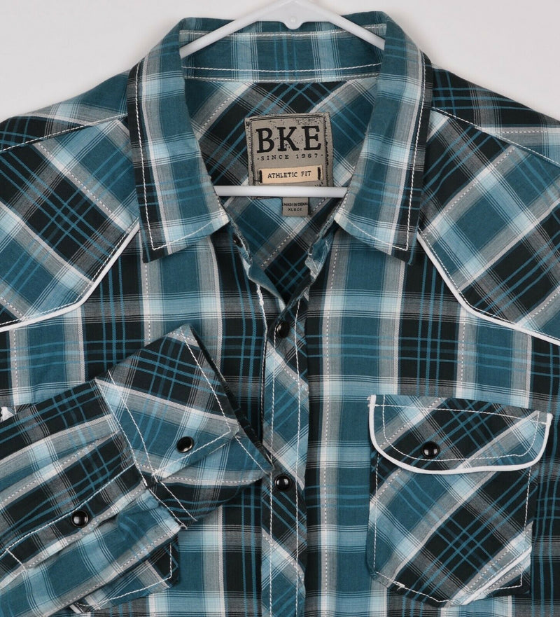 BKE Buckle Men's Sz XL Athletic Fit Pearl Snap Teal Blue Plaid Rockabilly Shirt
