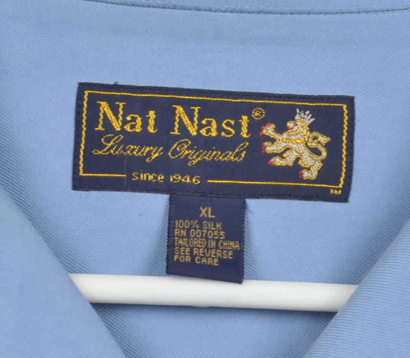 Nat Nast Men's Sz XL 100% Silk Blue Tan Panel Striped Bowling Hawaiian Shirt