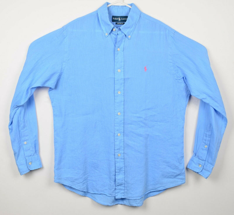 Polo Ralph Lauren Men's Large Custom Fit 100% Linen Solid Blue Button-Down Shirt