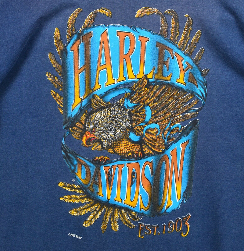 Vintage 90s Harley-Davidson Men's XL Eagle Tribal Logo Blue Long Sleeve T-Shirt