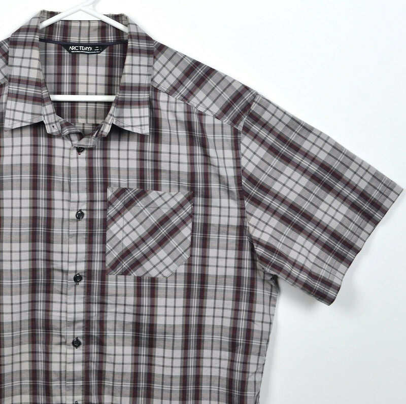 Arc'teryx Men's Large Gray Burgundy Plaid Cotton Blend Hiking Button-Front Shirt