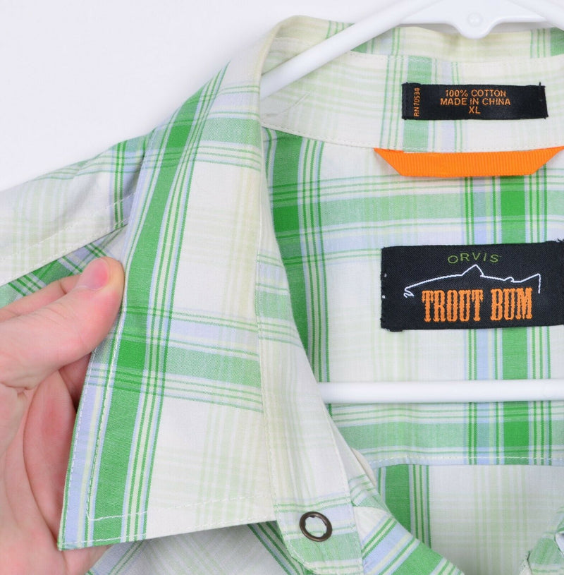 Orvis Trout Bum Men's Sz XL Pearl Snap Green Plaid Western Fishing Shirt STAIN
