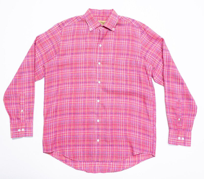 Paul Stuart Linen Shirt Large Men's Pink Plaid Italy Long Sleeve Button-Down