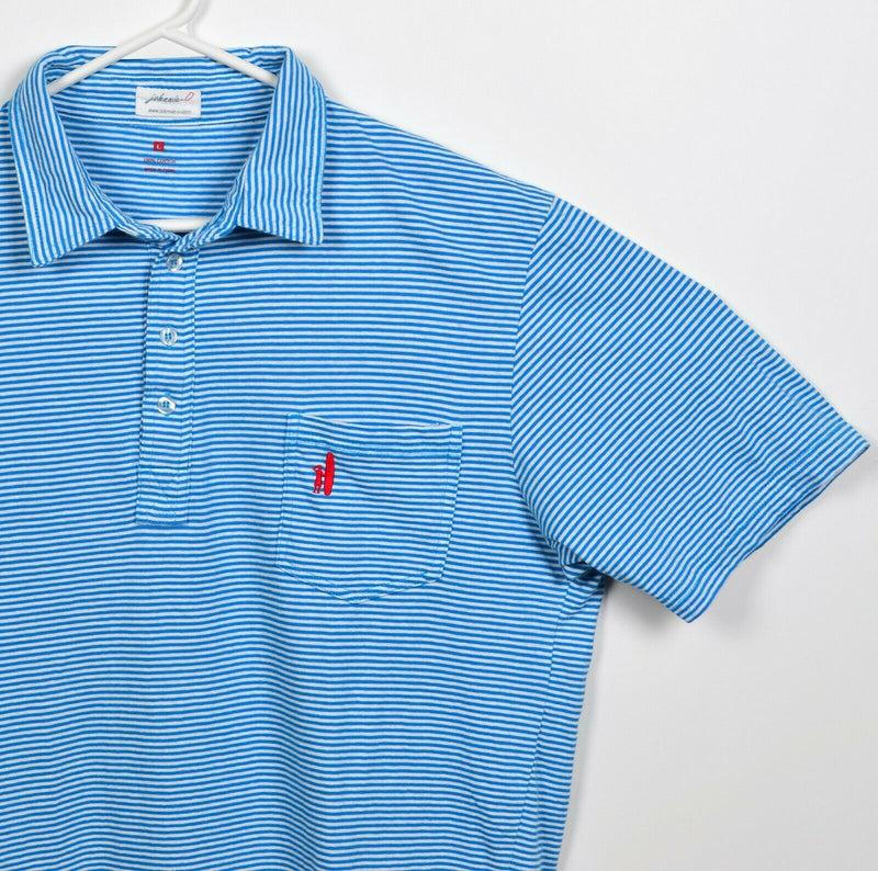 Johnnie-O Men's Large Blue White Striped Surfer Logo Preppy Pocket Polo Shirt