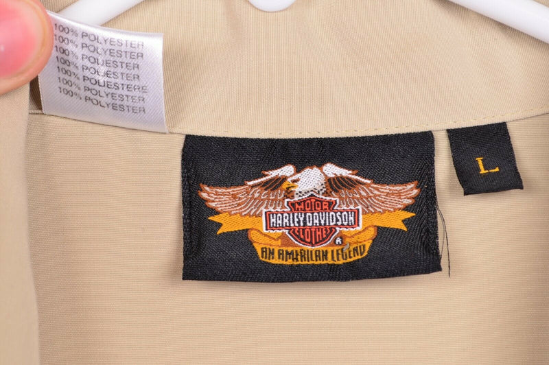 Harley Davidson Men's Large Embroidered Vintage Bike Tan Hawaiian Camp Shirt