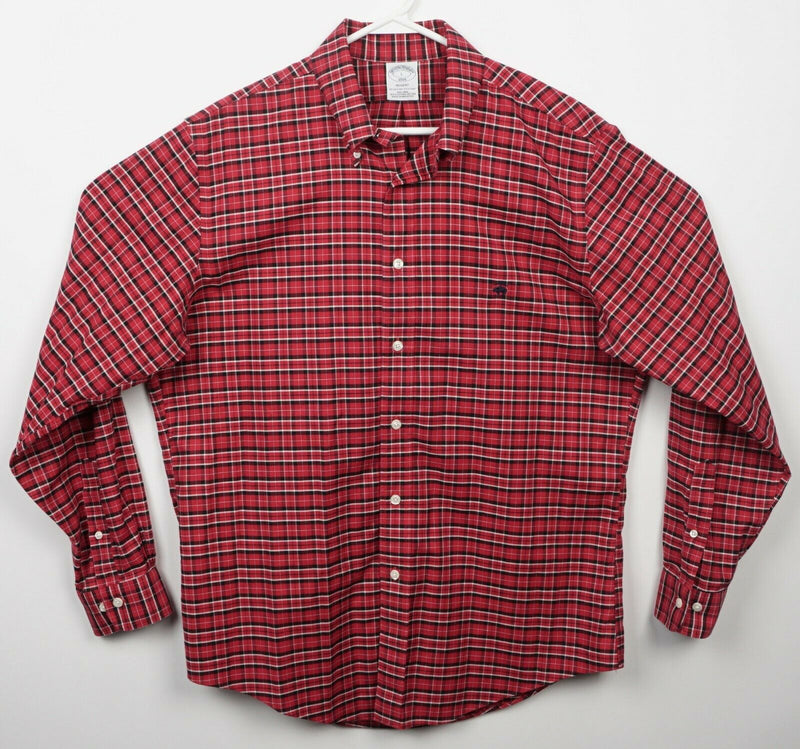 Brooks Brothers Men's Large Red Plaid Sheep Logo Non-Iron Button-Down Shirt