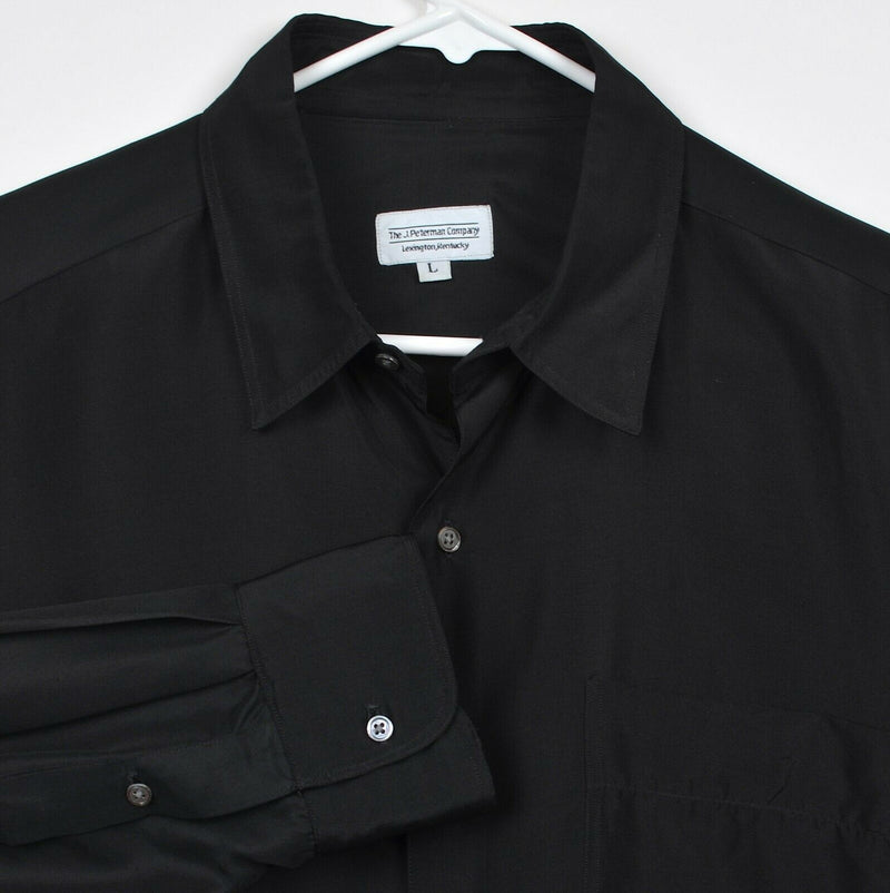 J. Peterman Company Men's Sz Large 100% Silk Solid Black Long Sleeve Shirt