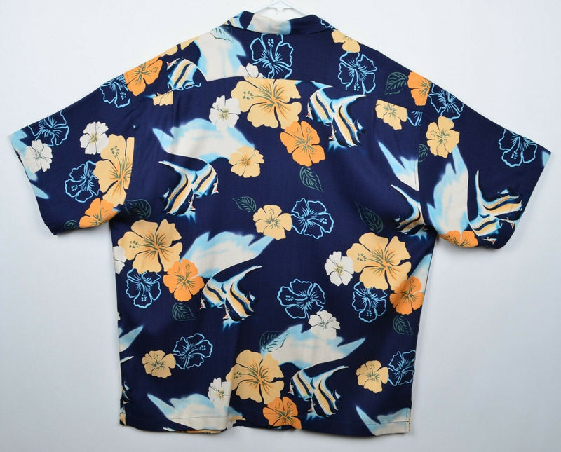 AFTCO Wyland Signature Men's Sz 2XL 100% Silk Blue Floral Fish Hawaiian Shirt