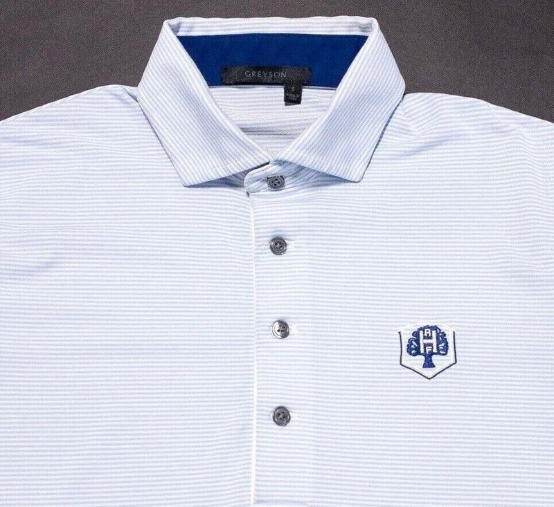 Greyson Golf Small Men's Polo Shirt White Blue Striped Wicking Stretch