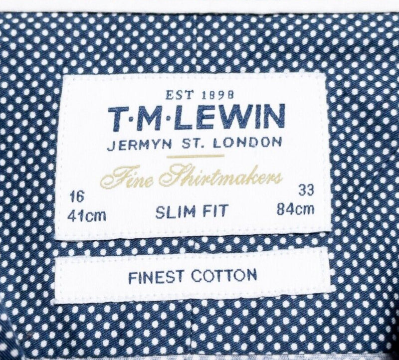 T.M. Lewin Dress Shirt Mens 16-33 Slim Fit Polka Dot 41cm Blue White Long Sleeve