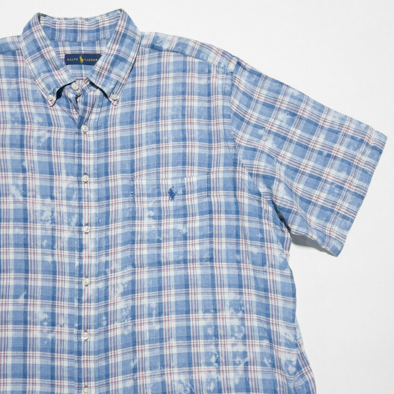 Polo Ralph Lauren Men 1XB (XL Big) Acid Wash Linen Blue Plaid Button-Front Shirt