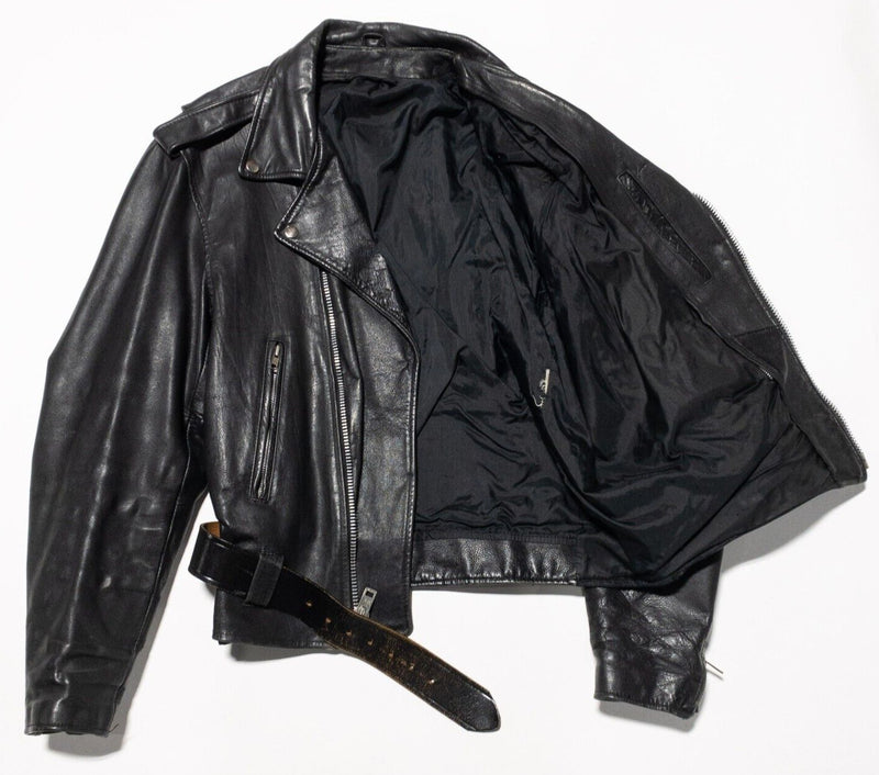 Vintage Leather Motorcycle Jacket Mens Fits Large/XL 80s Biker Collared Black