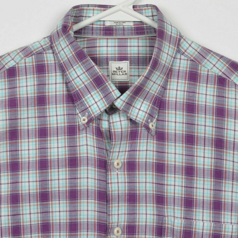Peter Millar Men Large Linen Blend Purple Aqua Blue Plaid S/S Button-Down Shirt