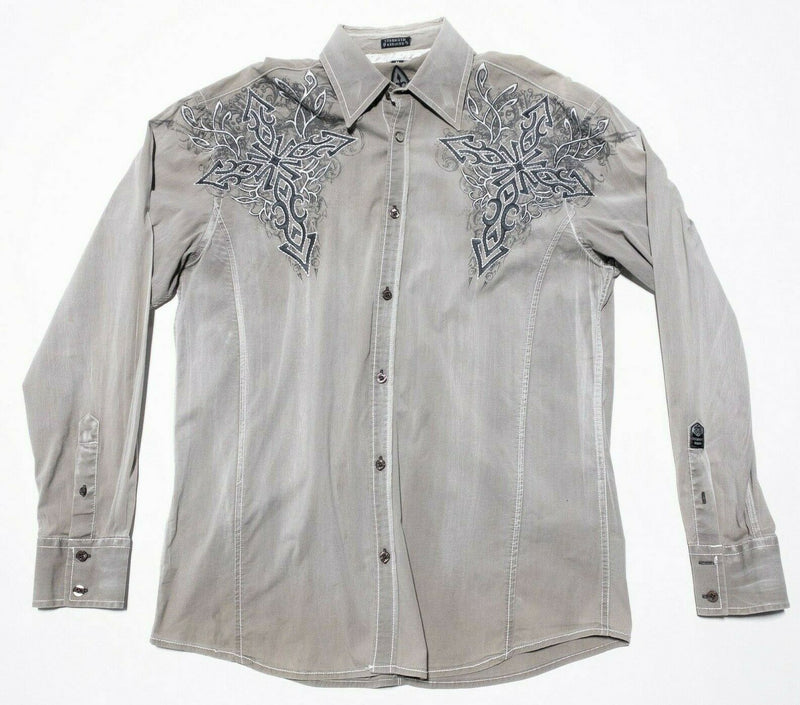 Roar Buckle Tribal Cross Embroidered Shirt Gray Distressed Men's Medium