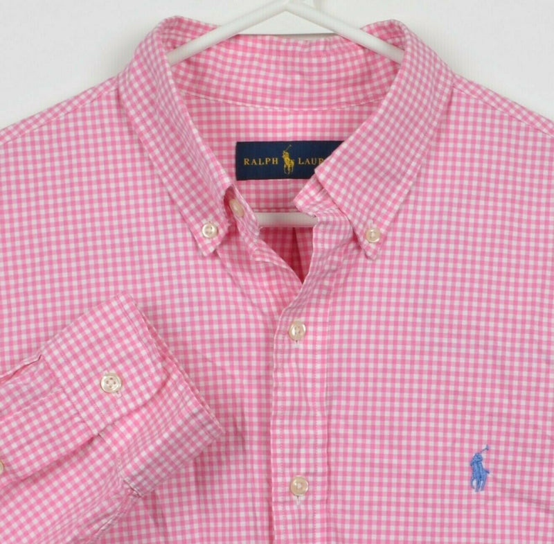 Polo Ralph Lauren Men's Large Pink White Gingham Check Logo Button-Down Shirt