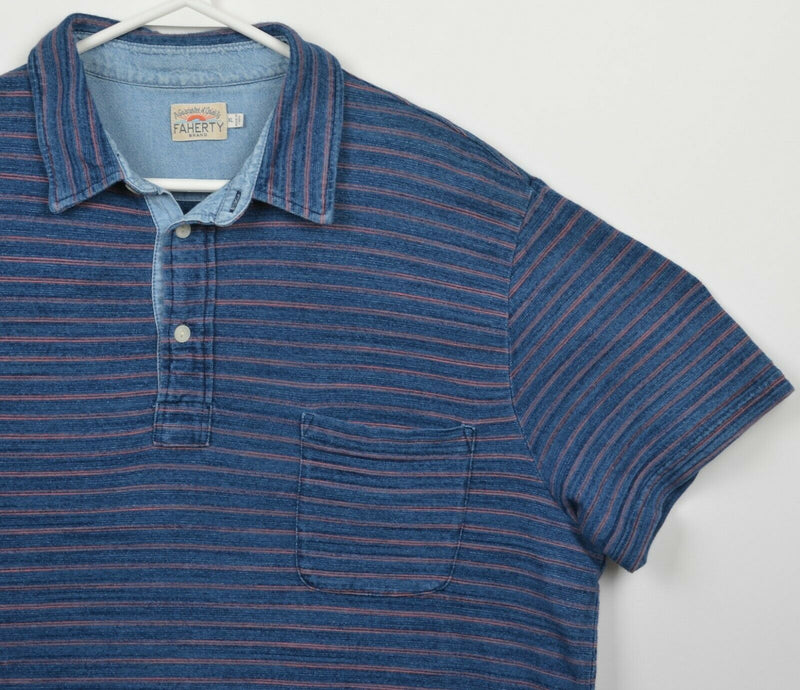 Faherty Brand Men's XL Blue Pink Striped Indigo Dyed Short Sleeve Polo Shirt