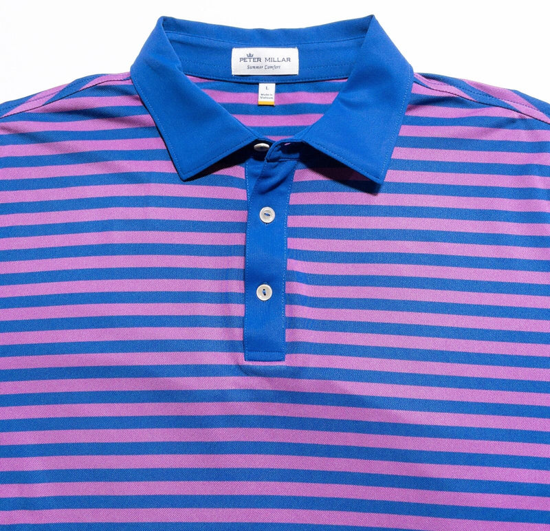 Peter Millar Summer Comfort Polo Large Men Shirt Pink Purple Stripe Wicking Golf
