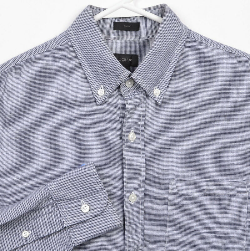 J. Crew Men's Small Slim Linen Blend Navy Blue Houndstooth Button-Down Shirt