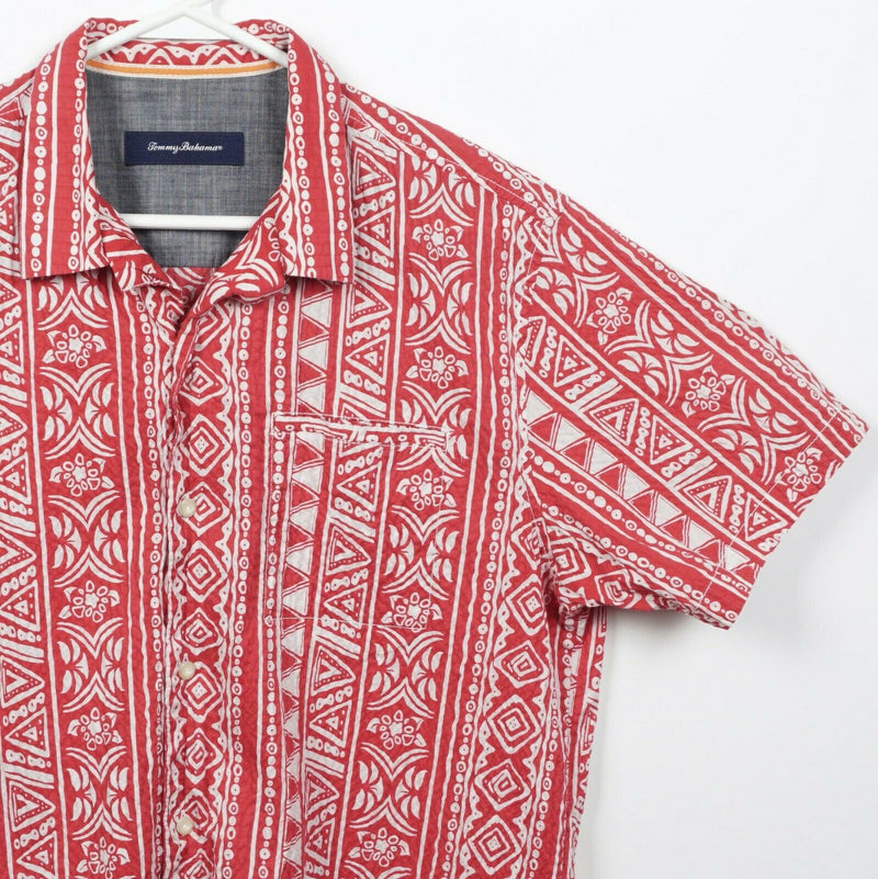 Tommy Bahama Men's Medium Red Geometric Aztec Cotton Blend Hawaiian Shirt