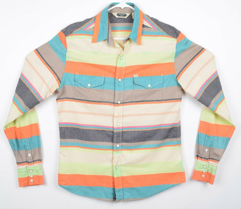 Salt Valley Western Men's Small Pearl Snap Green Orange Striped Rockabilly Shirt