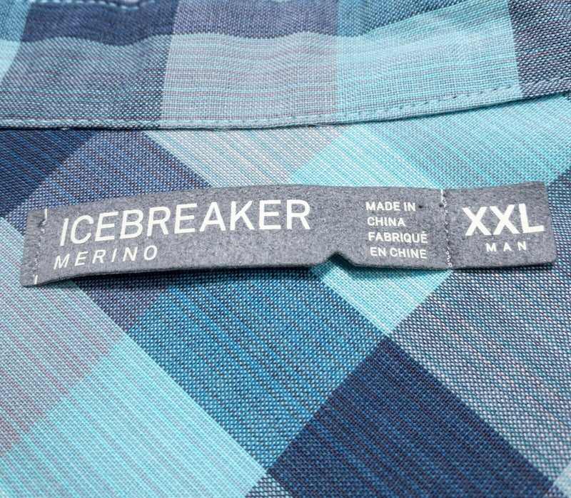 Icebreaker Merino Wool Shirt Men's 2XL Button-Front Blue Check Hiking Casual