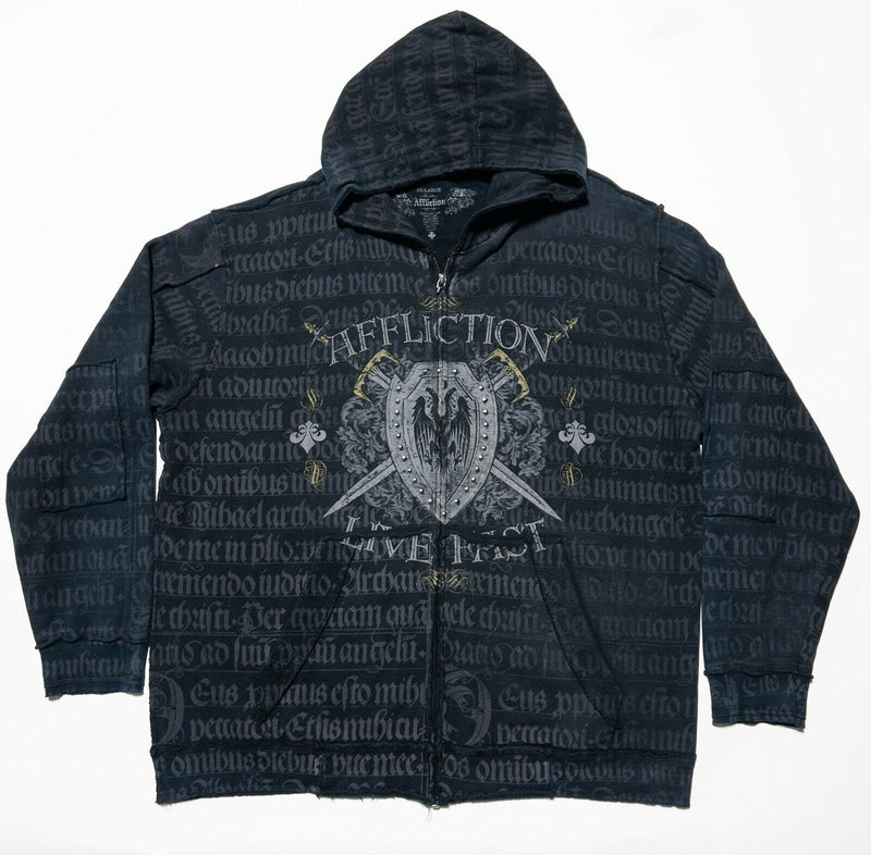 Affliction Reaper Knights Crest Men's 3XL Rivet Distressed Zip Hooded Sweatshirt