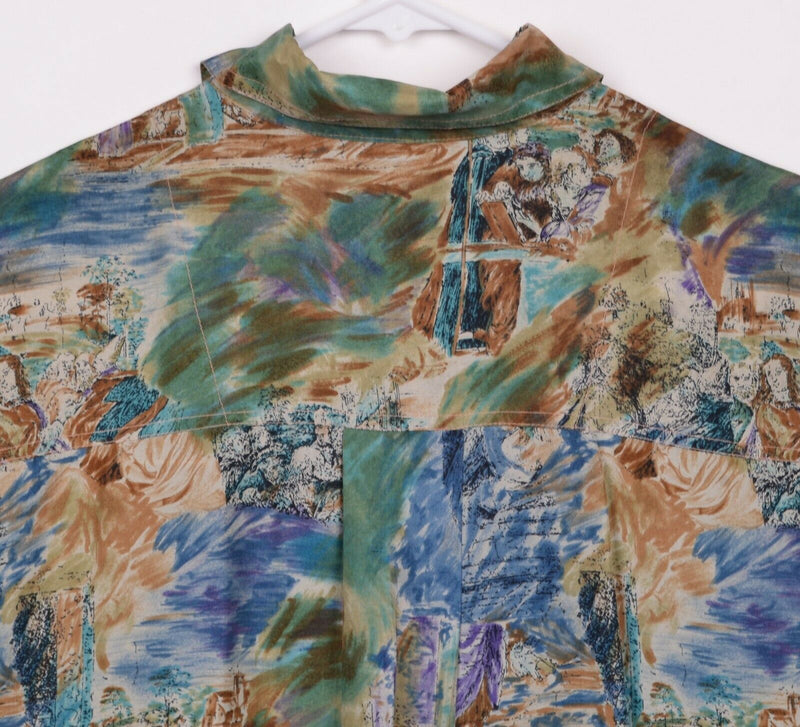 Azia Collection Men's Sz Medium 100% Silk Watercolor Painting Fresco Camp Shirt