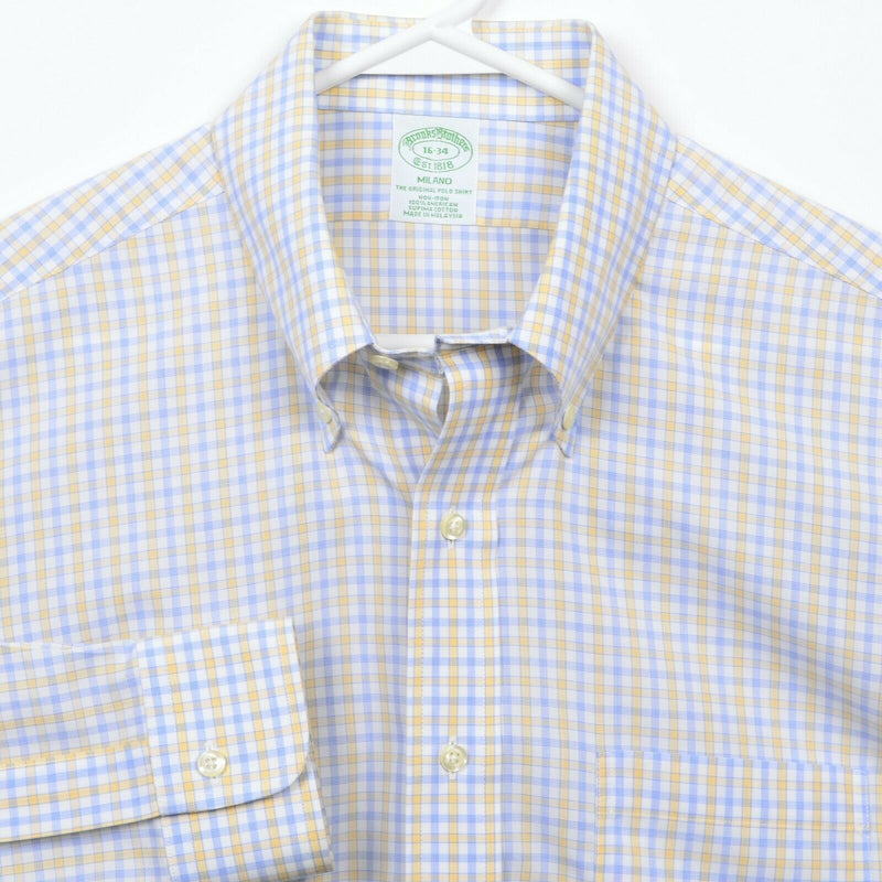 Brooks Brothers Men's 16-34 Blue Yellow Check Non-Iron Milano Button-Down Shirt