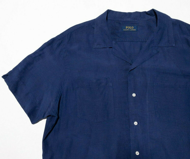 Polo Ralph Lauren Shirt Camp Shirt Mens Large/XL Linen Silk Blend Navy Blue Loop