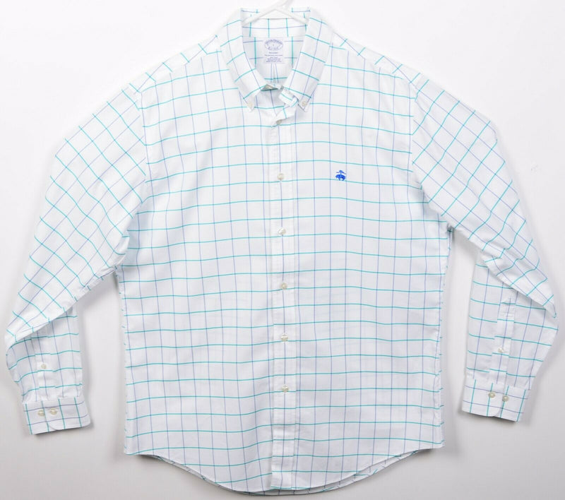 Brooks Brothers Men's Large White Blue Graph Check Non-Iron Button-Down Shirt