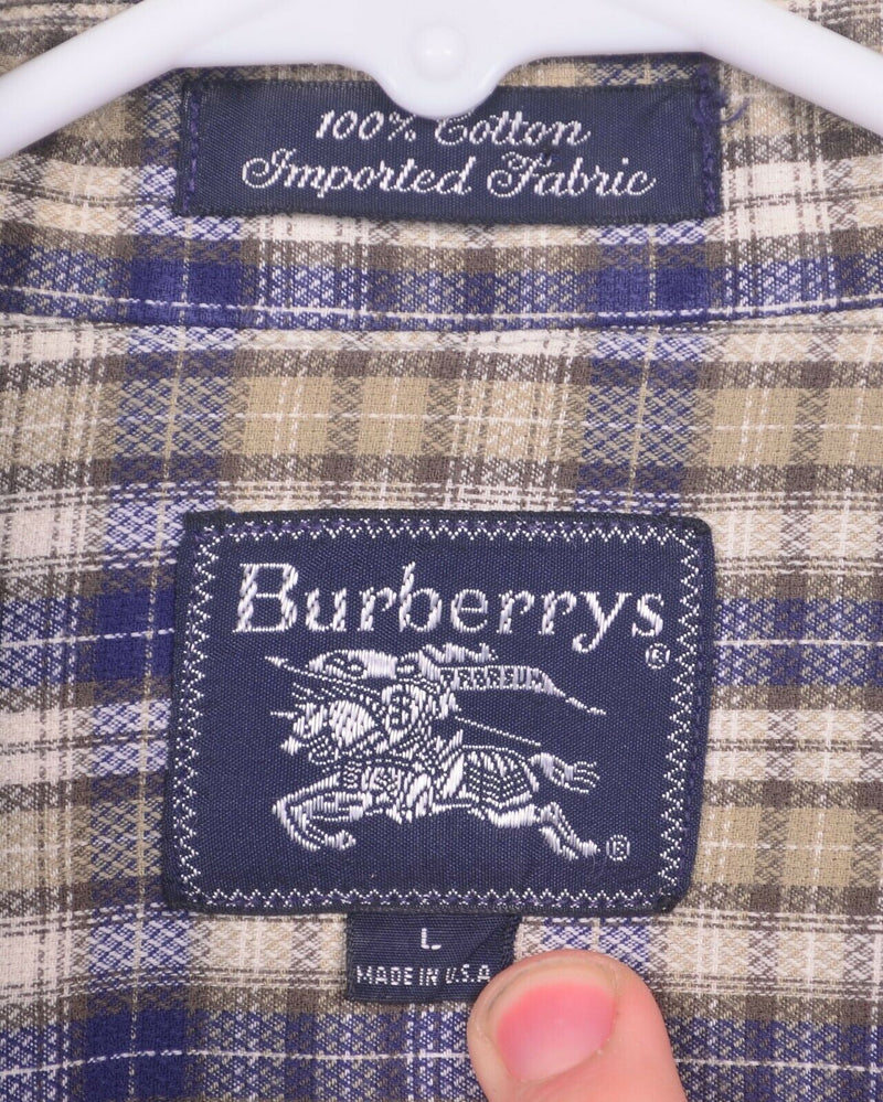 Vtg 80s Burberry USA Men's Sz Large Houndstooth Embroidered Plaid Check Shirt