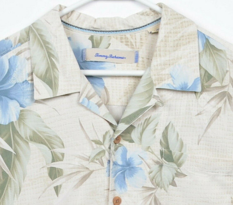 Tommy Bahama Men's XL 100% Silk Floral White Blue Hawaiian Aloha Camp Shirt